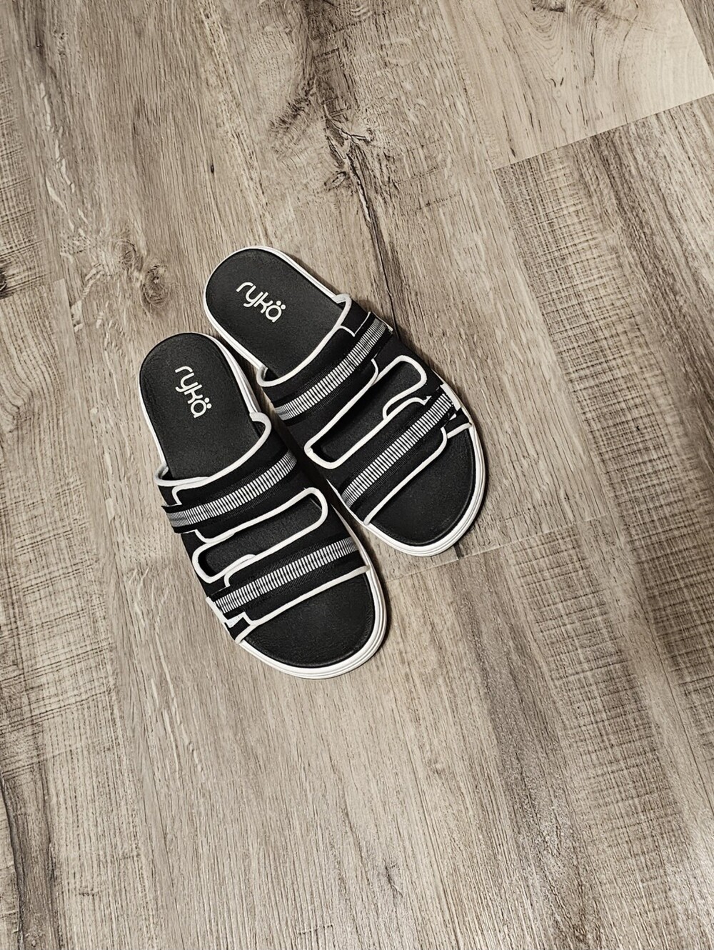 Ryka Viv Black Slide Sandals with White Trim and Striped Accents- Wide Width